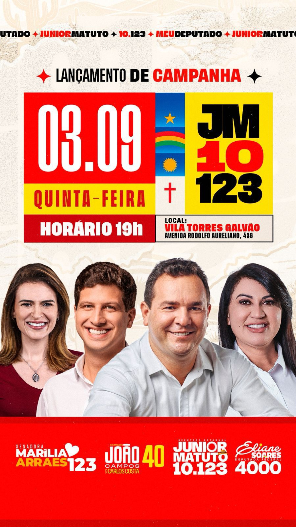 Junior Matuto lança nesta quinta (3) comitê em Paulista ao lado de João Campos e Marília Arraes e Eliane Soares