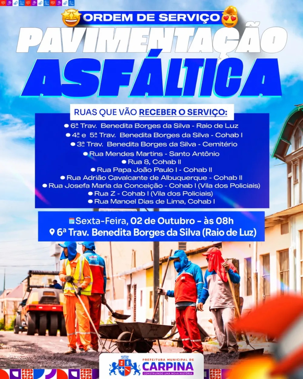 Carpina recebe nova etapa de pavimentação asfáltica no bairro Santo Antônio