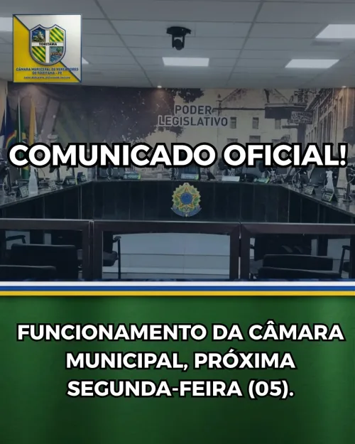 Câmara de Vereadores de Toritama informa que não haverá expediente na próxima segunda-feira (5)
