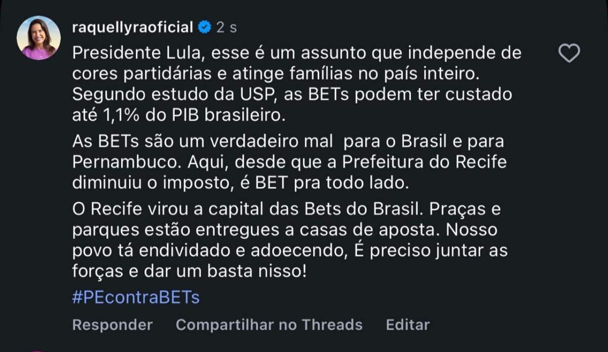 Raquel comenta em postagem de Lula e novamente se posiciona contrária às bets